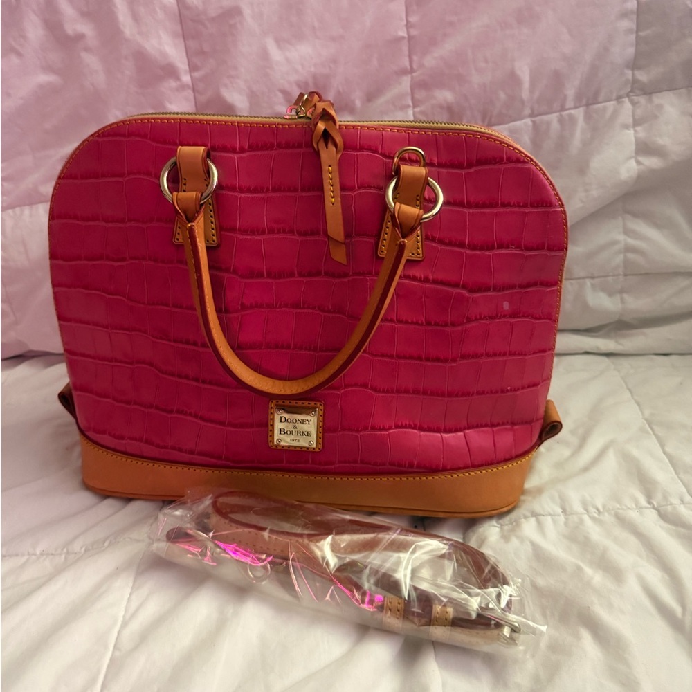 Dooney Bourke Zip Zip Crocodile Grain Satchel Handbag Pink Pebble Leather Purse